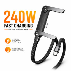 240W Fast Charging USB-C to USB-C Cable with Folding Phone Stand – Premium Braided Charging & Data Cable